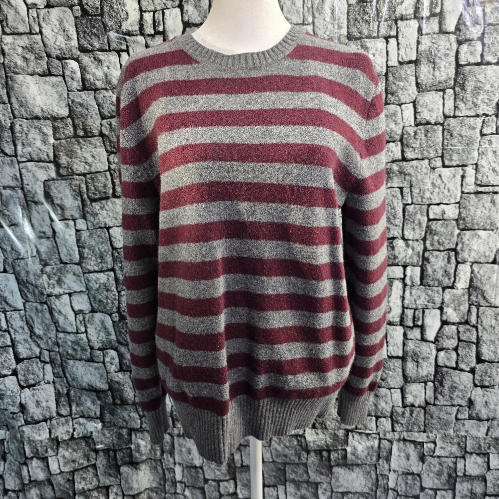Striped Maroon and Gray Men's J.Crew Lambs Wool Sweater. Size Medium